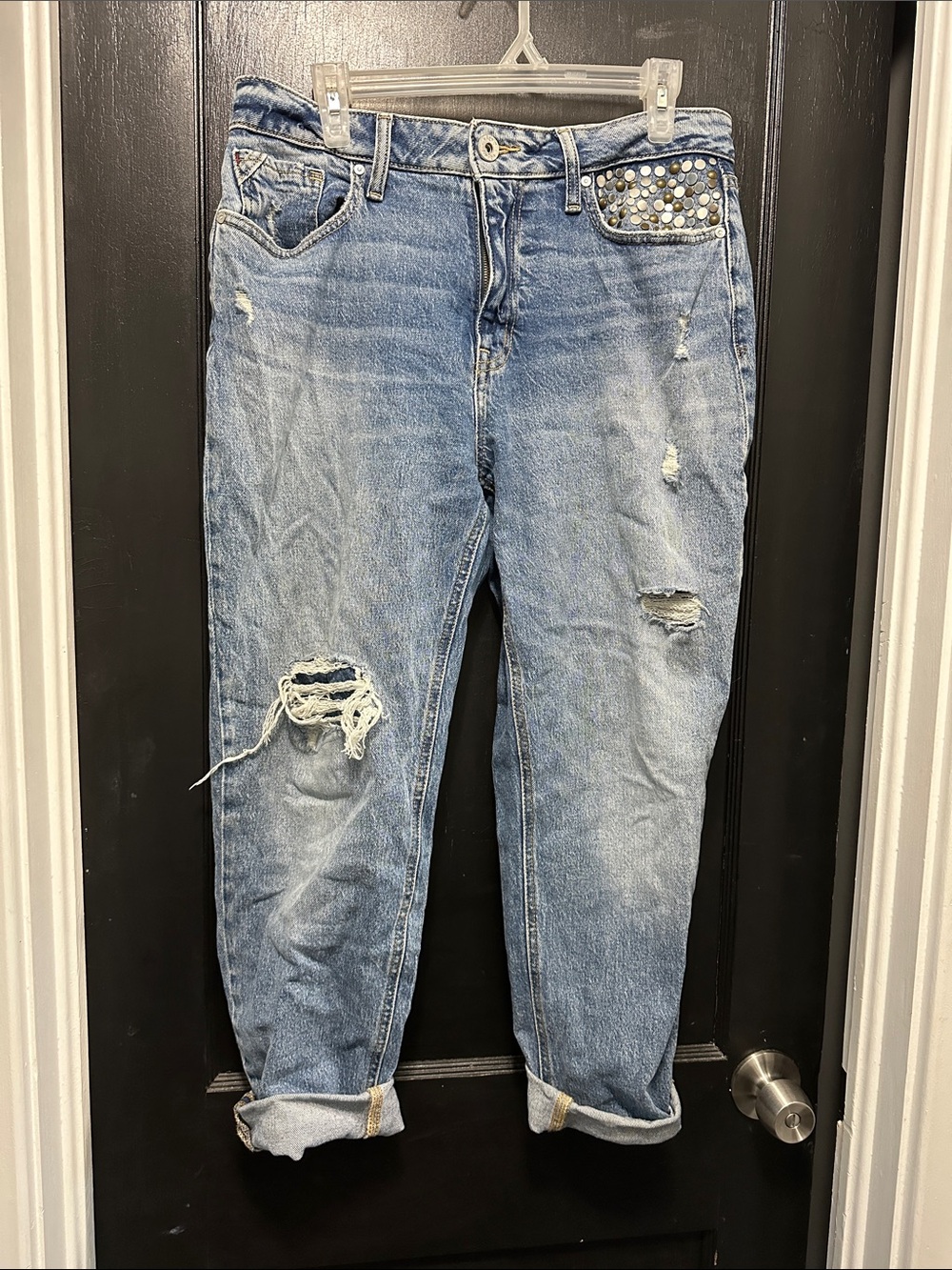 size 12-SHORT Relaxed Boyfriend Distressed Jeans with Studded Pocket